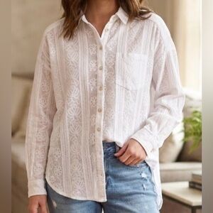 Pilcro white boho embroidered button front long sleeve blouse, collared, small